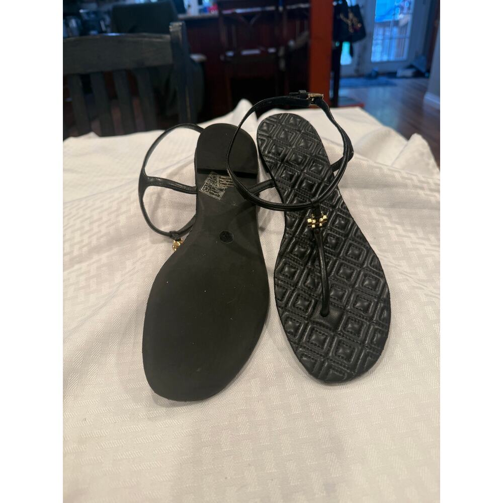 Tory Burch black sandals with gold accents. - Picture 4 of 4